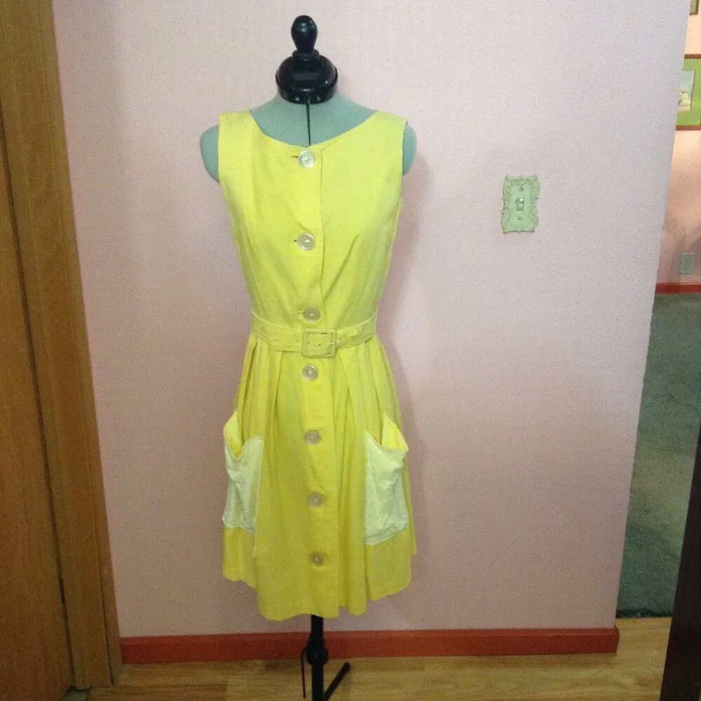 Vintage 1960s Swiss Dotted Belted Button Up Sleeveless Dress with Eyelet Pockets - Picture 1 of 7